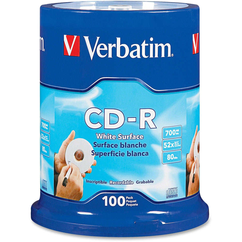 Verbatim 52X CD-R Discs With Blank White Surface, 700MB/80 Minutes, Pack Of 100