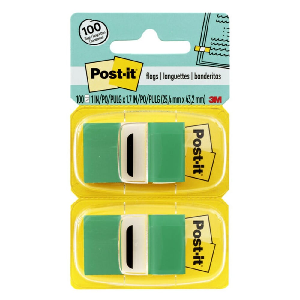 Post-it Flags, 1in x 1 -11/16in, Green, 50 Flags Per Pad, Pack Of 12 Pads