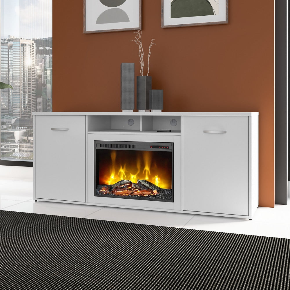 Bush Business Furniture 72inW Office Storage Cabinet With Doors And Electric Fireplace, White, Standard Delivery