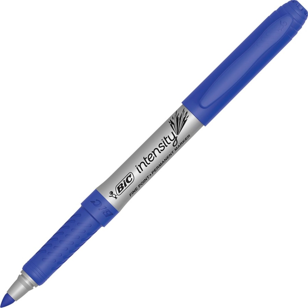 BIC Mark-It Fine Point Permanent Markers, Fine Point, Silver Barrel, Blue Ink, Pack Of 12