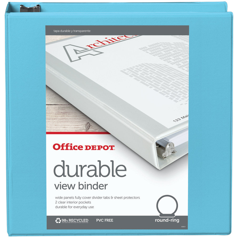 Office Depot Brand 3-Ring Durable View Binder, 2in Round Rings, Jeweler Blue