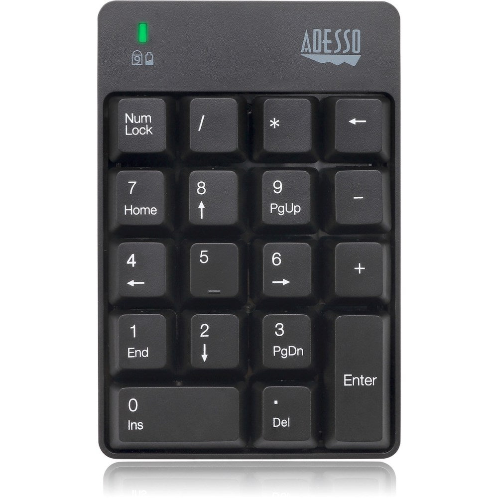 Adesso Wireless Spill Resistant 18-Key Numeric Keypad - Wireless Connectivity - RF - 30 ft - 2.40 GHz - USB Interface - 18 Key - English (US) - Computer - Windows - Membrane Keyswitch - AAA Battery Size Supported - Black