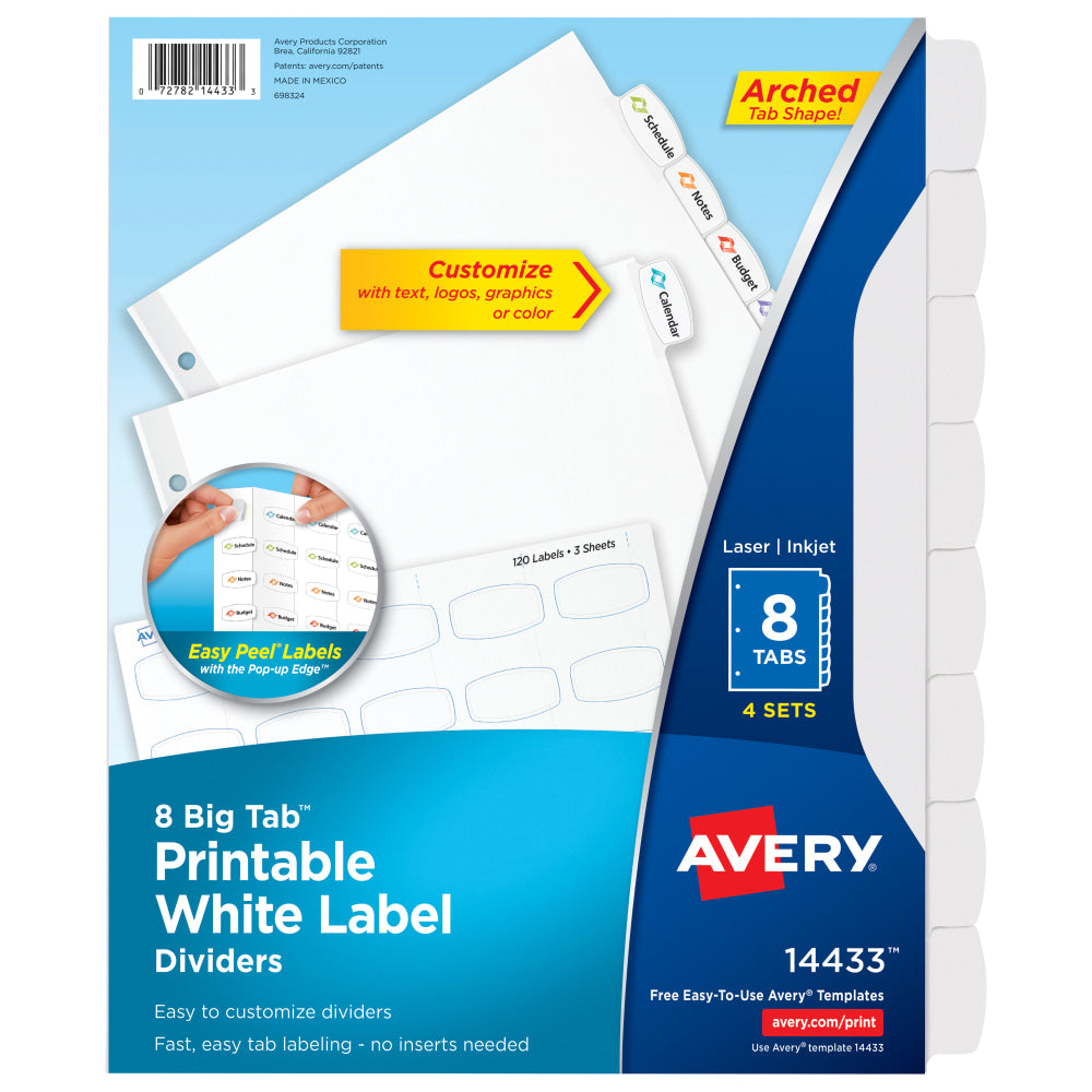 Avery Easy Peel Pop-up Edge Label Dividers, 8 1/2in x 11in, 8-Tab, White, Pack Of 4