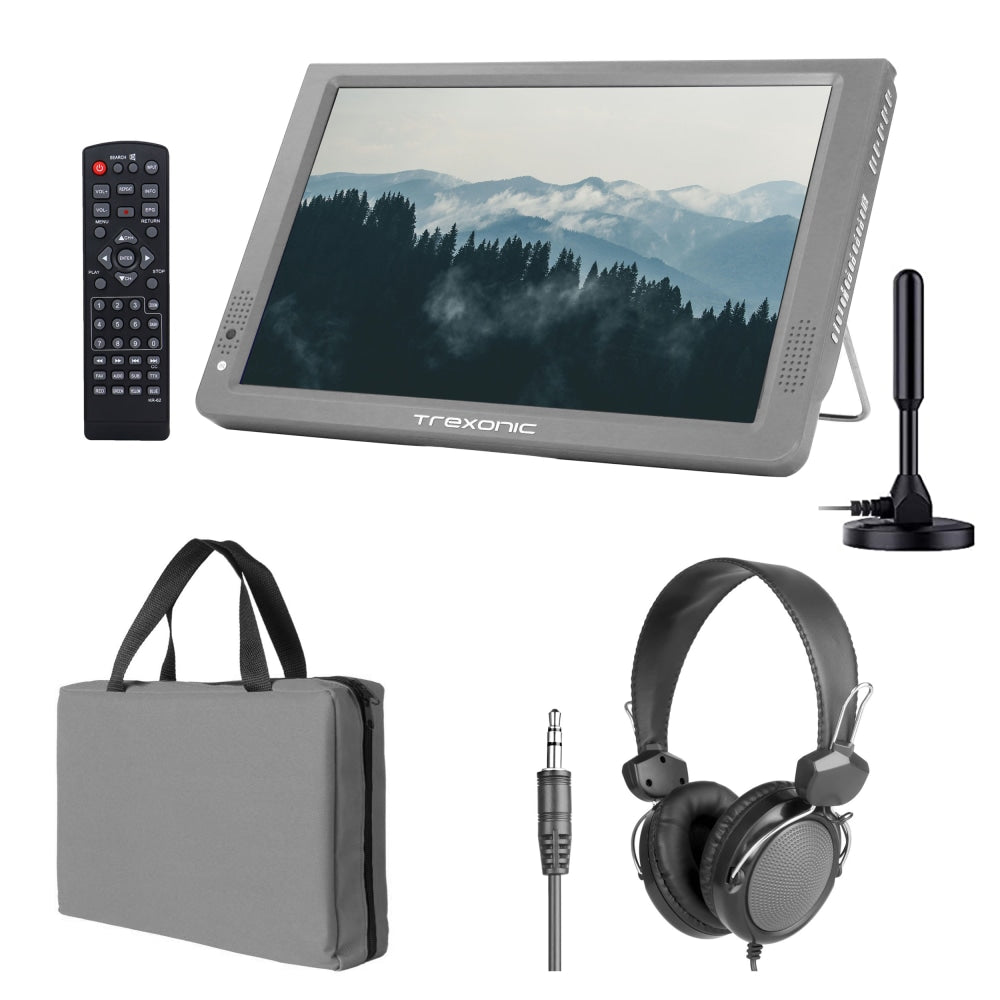 Trexonic Portable Rechargeable 14in LED TV With Amplified Antenna, Carry Bag And Headphones, Gray, 995117423M