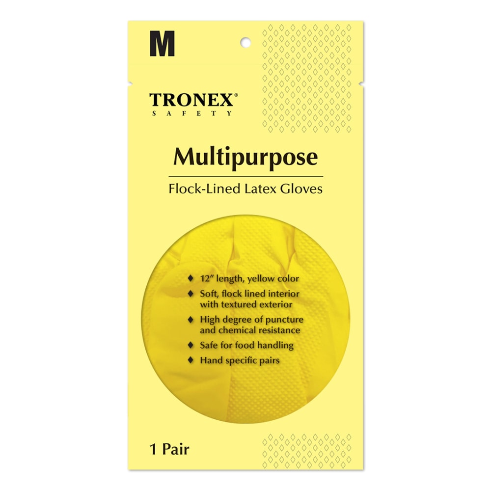 Tronex Multipurpose Flock-Lined Latex Gloves, Medium, Yellow, 24 Per Pack, Case Of 12 Packs