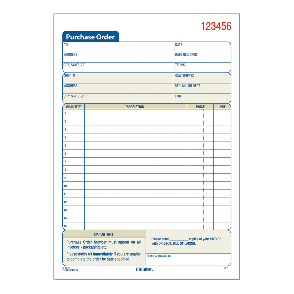 Adams Carbonless Purchase Order Book, 5 9/16in x 8 7/16in, 3-Part, 50 Set Pad