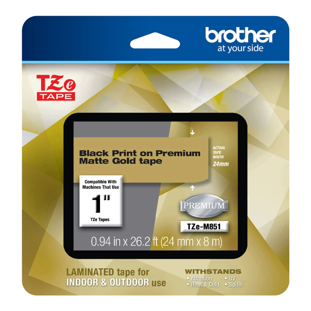 Brother TZE Premium Matte Laminated Tape, 0.94in x 26.2ft, Black/Gold