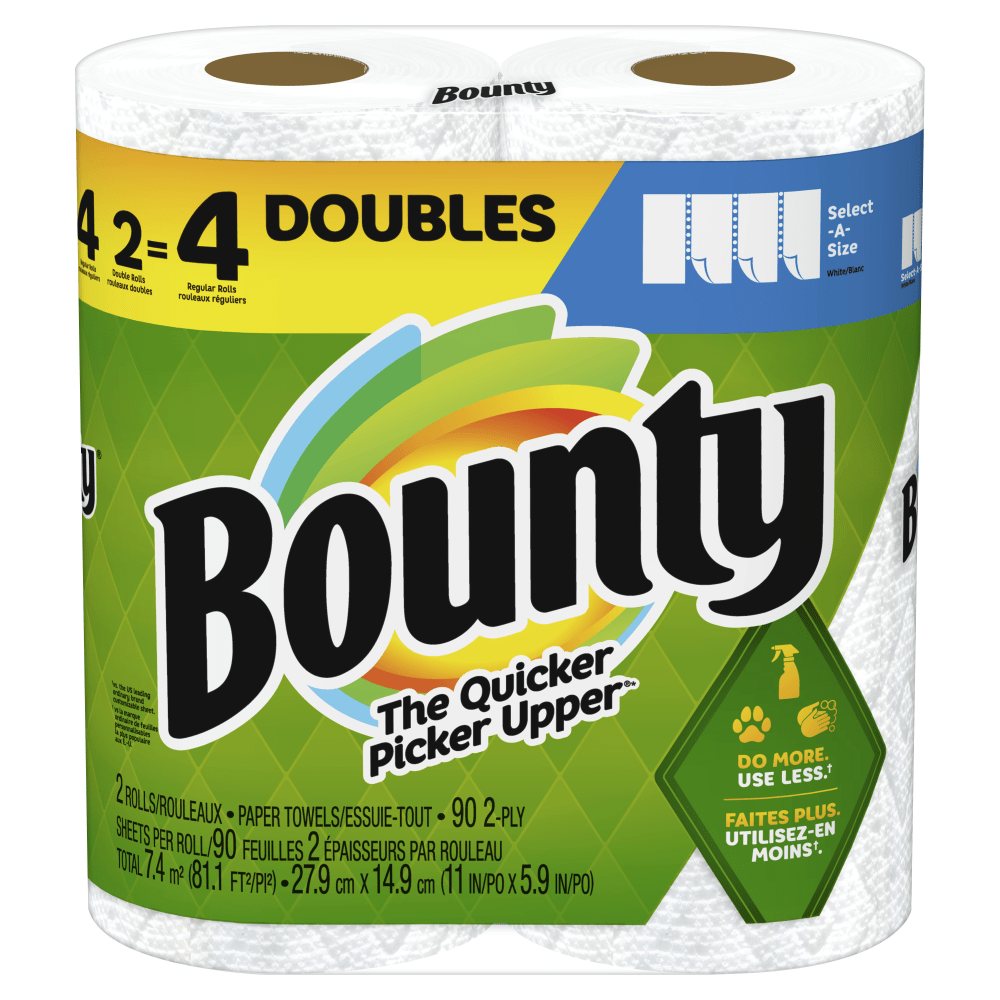 Bounty Select-A-Size 2-Ply Paper Towels, Double Roll, 11in x 6in, White, 90 Sheets Per Roll, Pack Of 2 Rolls