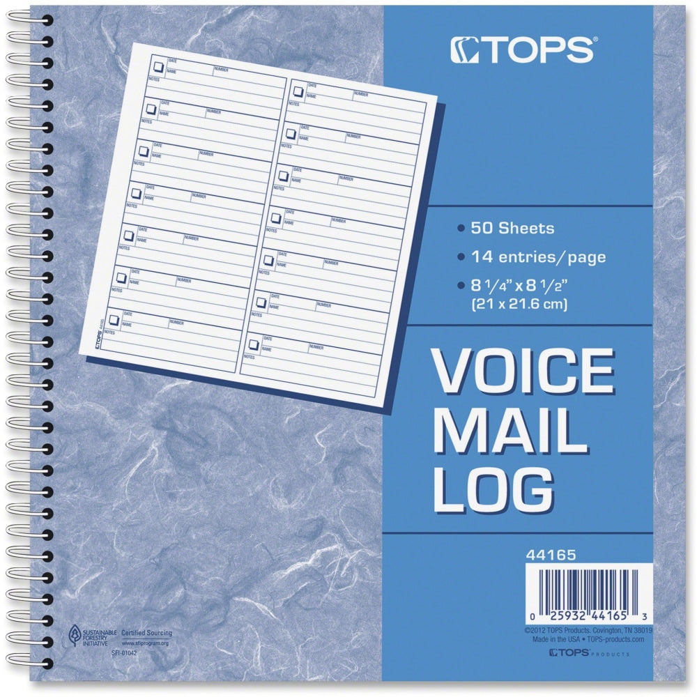 TOPS Voice Message Log Book - 50 Sheet(s) - 24 lb - Spiral Bound - 8.50in x 8.25in Sheet Size - White - Blue Print Color - 1 Each