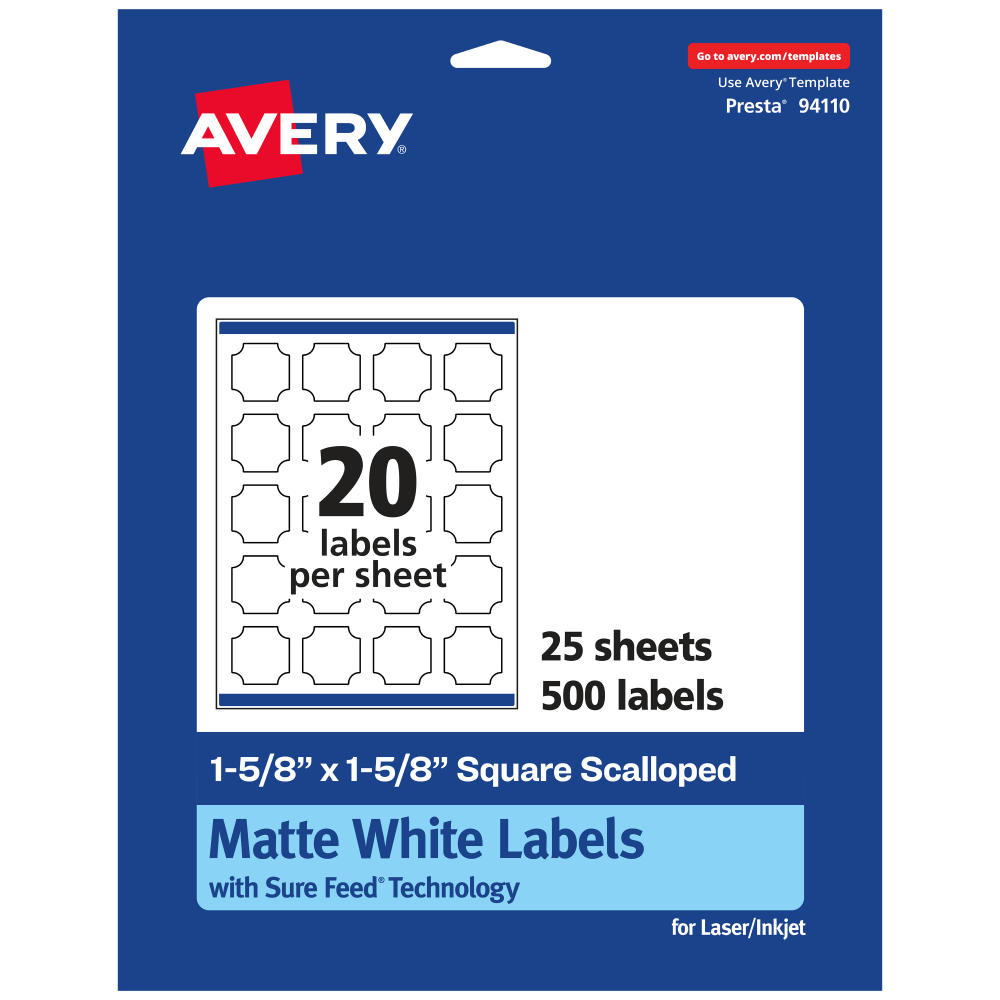 Avery Permanent Labels With Sure Feed, 94110-WMP25, Square Scalloped, 1-5/8in x 1-5/8in, White, Pack Of 500