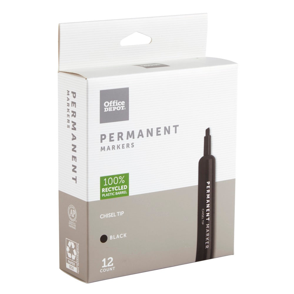 Office Depot Brand Permanent Markers, Chisel Point, 100% Recycled Plastic Barrel, Black Ink, Pack Of 12