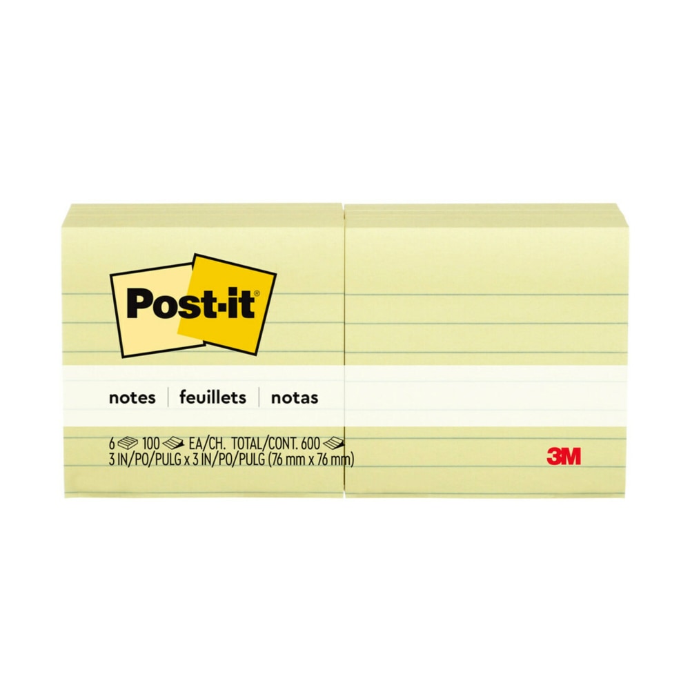 Post-it Notes, 3 in x 3 in, 6 Pads, 100 Sheets/Pad, Clean Removal, Canary Yellow, Lined