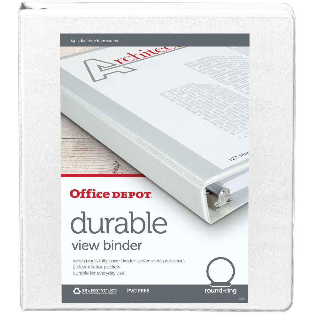 Office Depot Brand Durable View 3-Ring Binder, 1in Round Rings, White