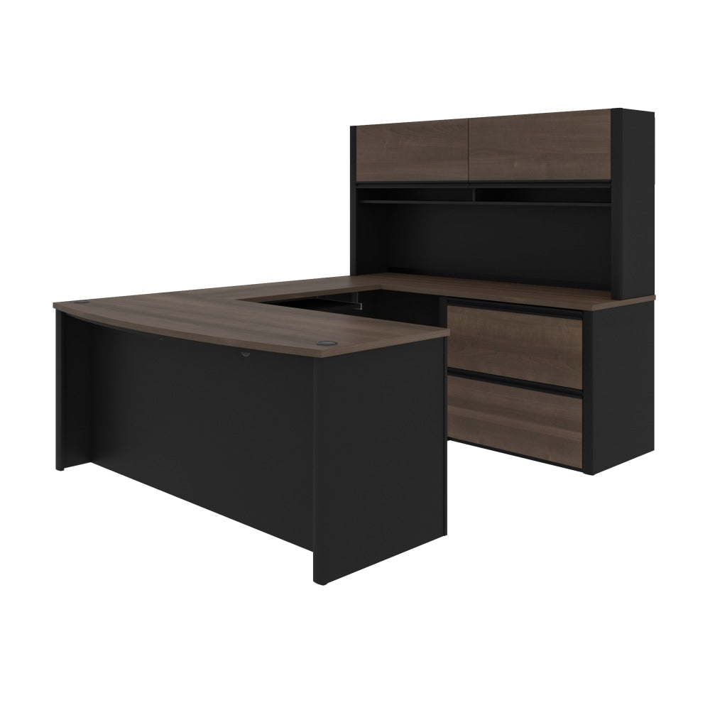 Bestar Connexion 72inW U-Shaped Executive Computer Desk With Lateral File Cabinet And Hutch, Antigua/Black