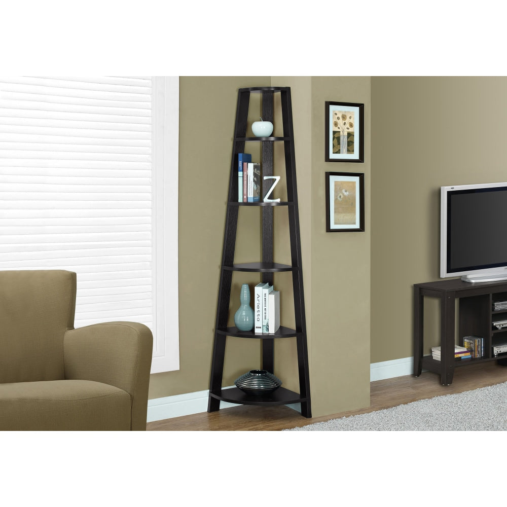 Monarch Specialties Karlee 72inH 5-Shelf Corner Bookcase, Cappuccino