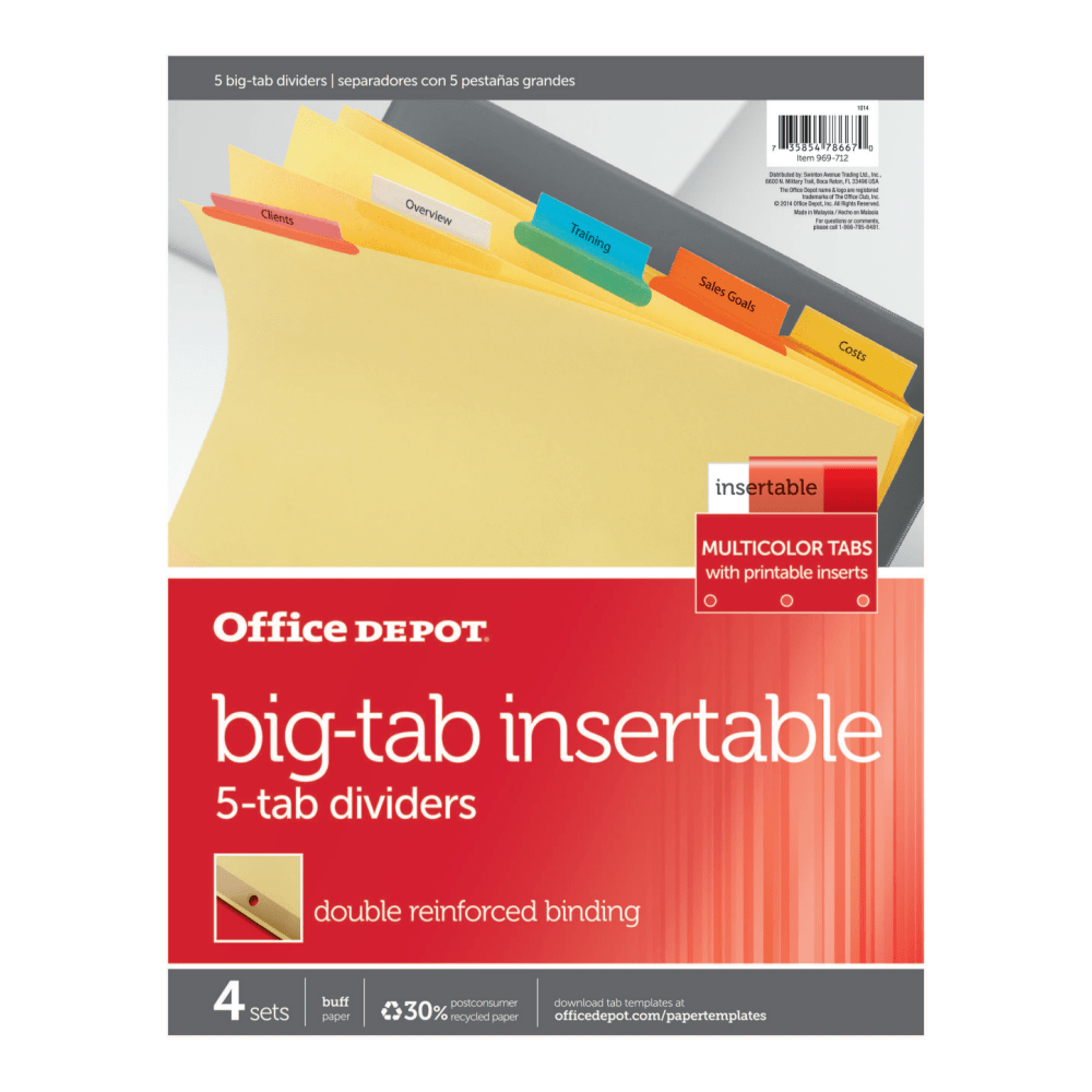 Office Depot Brand Insertable Dividers With Big Tabs, Buff, Assorted Colors, 5-Tab, Pack Of 4 Sets