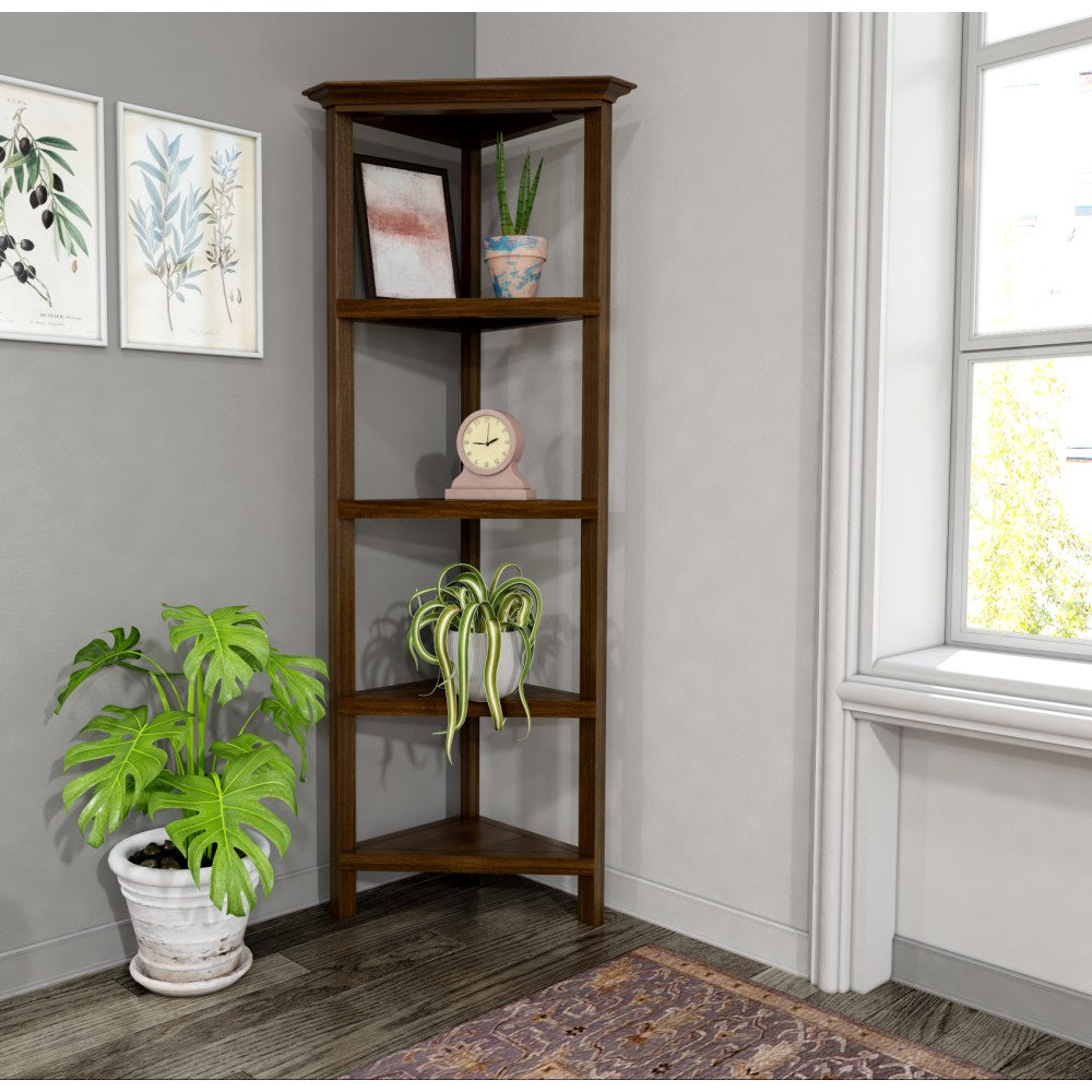 New Ridge Home Goods 60inH 5-Shelf Corner Bookcase, Walnut