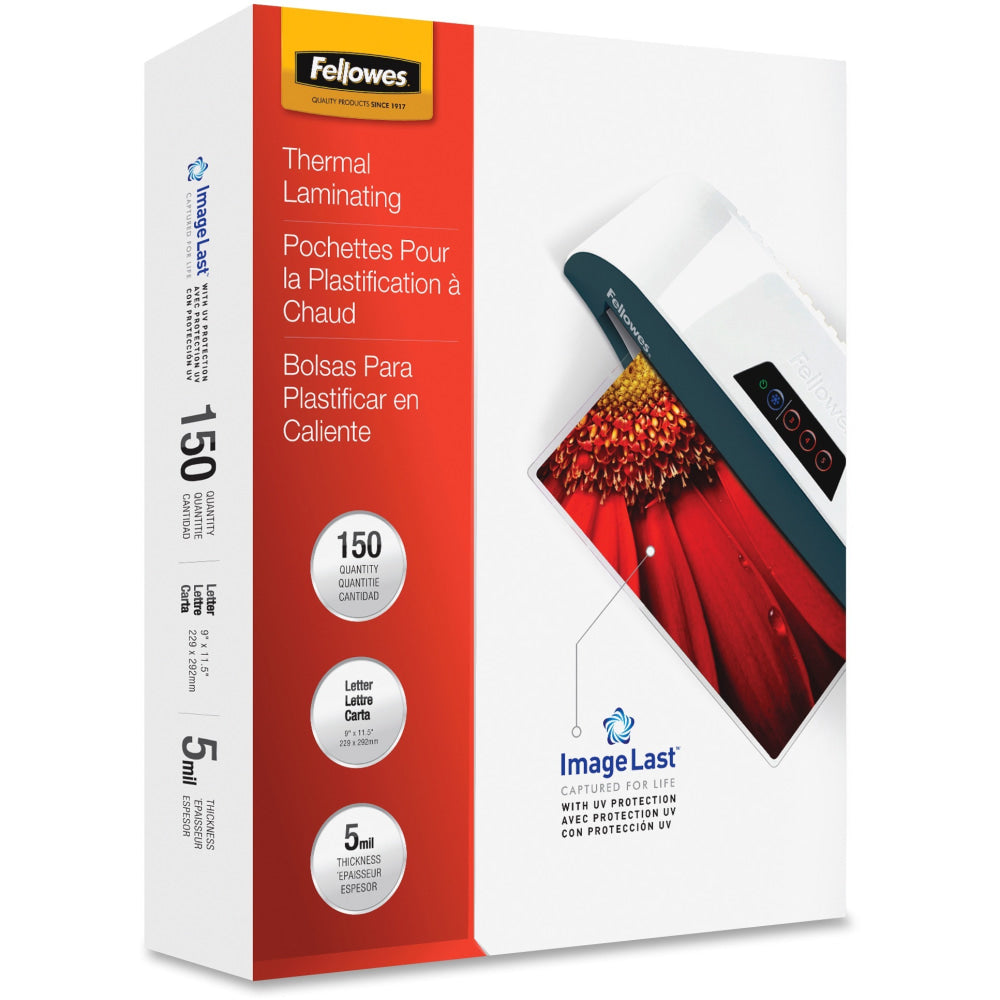 Fellowes Laminating Pouches, Glossy, 5 mil Thick, Clear, Pack Of 150