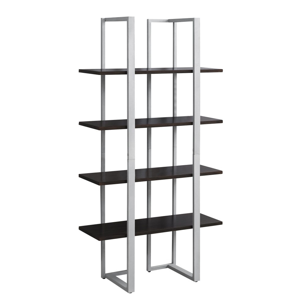 Monarch Specialties 60inH 4-Shelf Metal Bookcase, Cappuccino/Silver