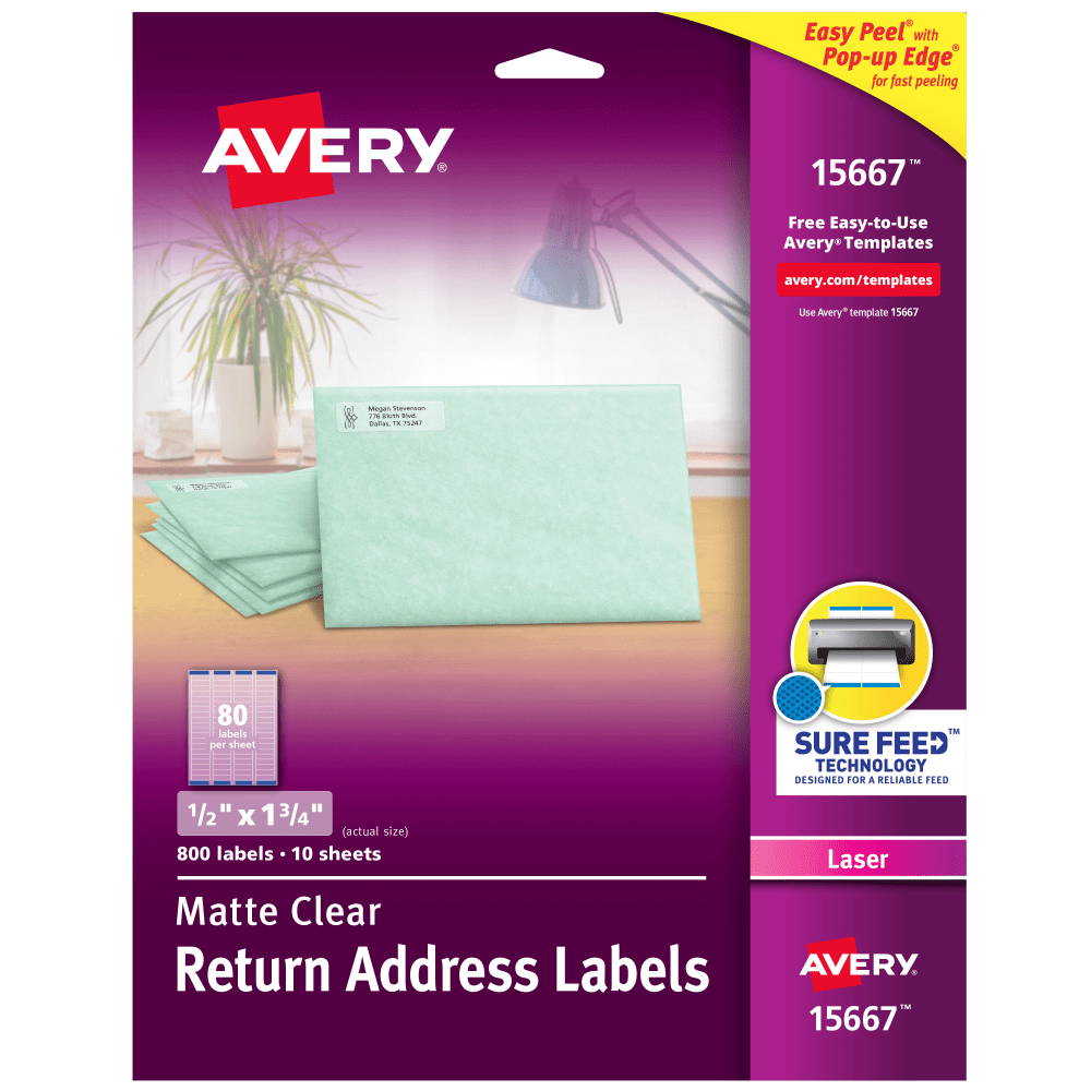 Avery Matte Return Address Labels With Sure Feed Technology, 15667, Rectangle, 1/2in x 1-3/4in, Clear, Pack Of 800