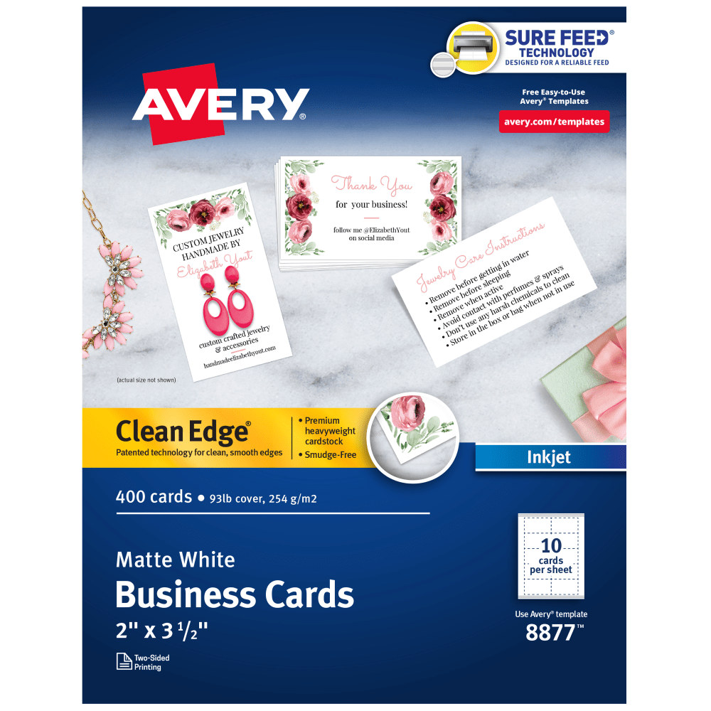 Avery Clean Edge Printable Business Cards With Sure Feed Technology For Inkjet Printers, 2in x 3.5in, White, 400 Blank Cards