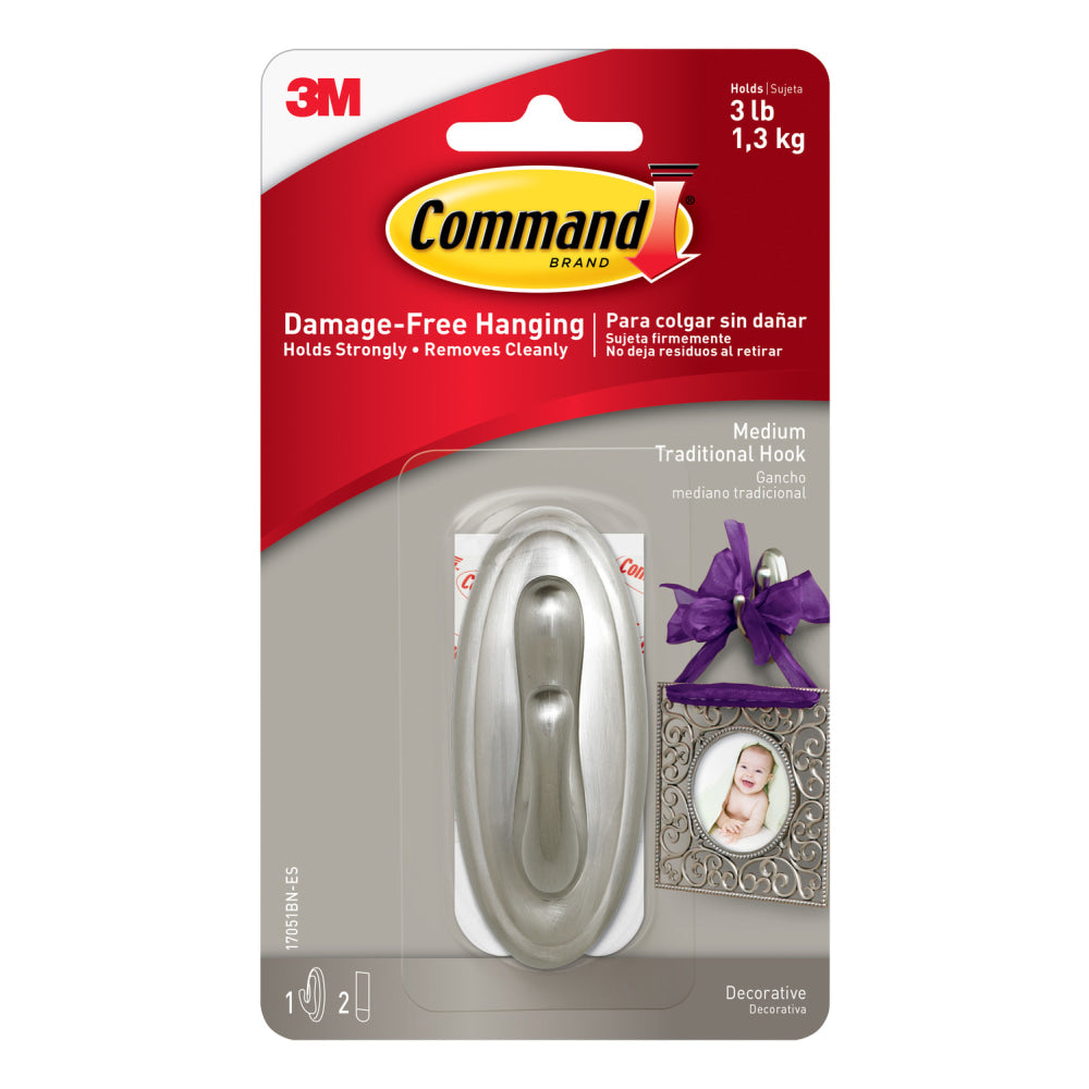 3M Command Damage-Free Removable Metal Hook, Traditional, Medium, 3 Lb, Brushed Nickel