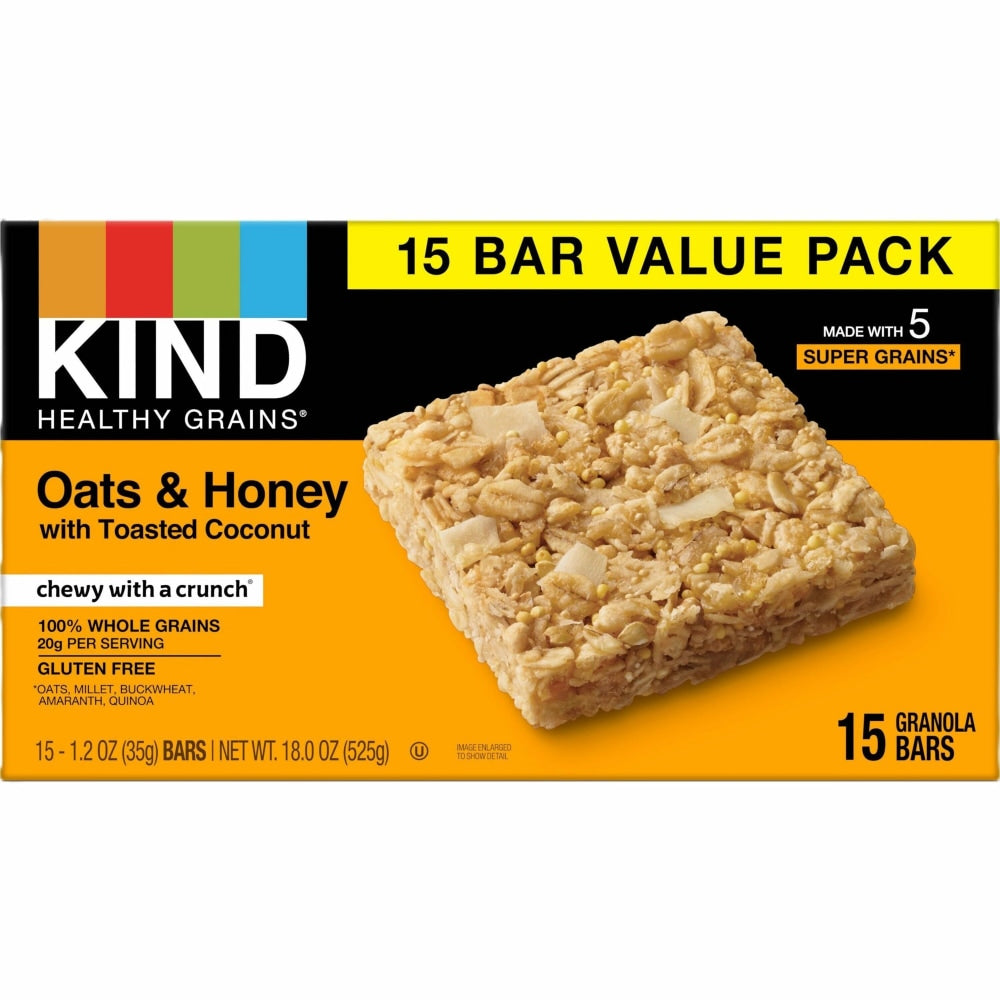 KIND Healthy Grains Bars - Trans Fat Free, Gluten-free, Low Sodium, Cholesterol-free - Oats & Honey with Toasted Coconut - 1.20 oz - 15 / Box