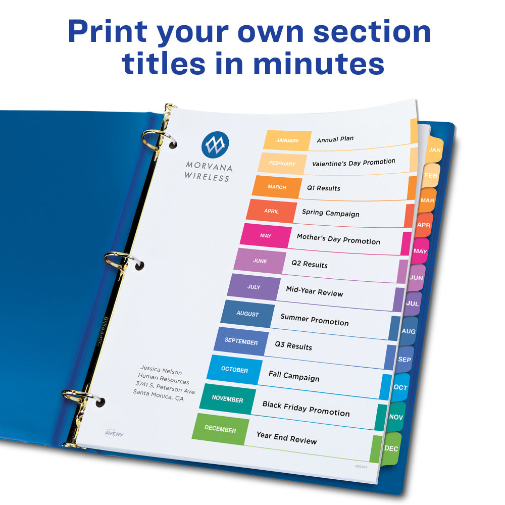 Avery Ready Index Jan-Dec Tab With Customizable Table Of Contents Binder Dividers, 8-1/2in x 11in, 12 Tab, Multicolor, 1 Set