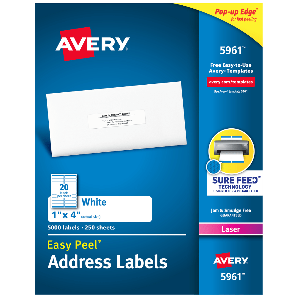 Avery Easy Peel Address Labels With Sure Feed Technology, 5961, Rectangle, 1in x 4in, White, Pack Of 5,000