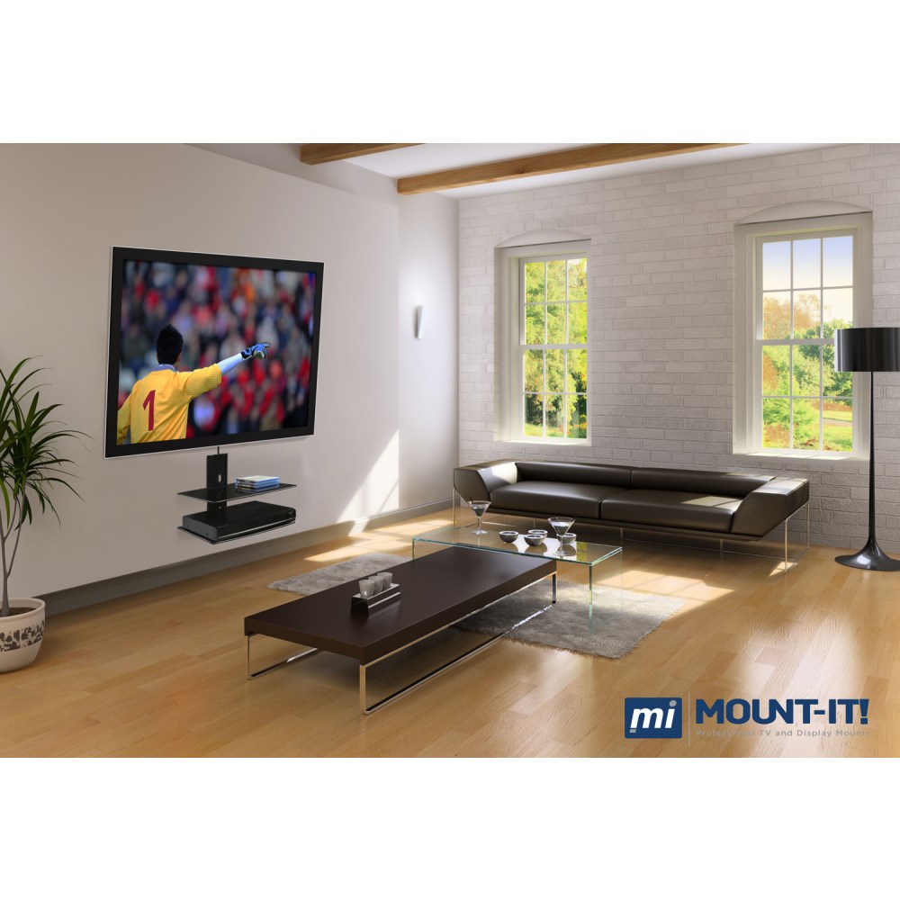 Mount-It! MI-802 Dual Glass Floating Wall Mounted Shelf, 14inH x 17-1/2inW x 14inD, Black