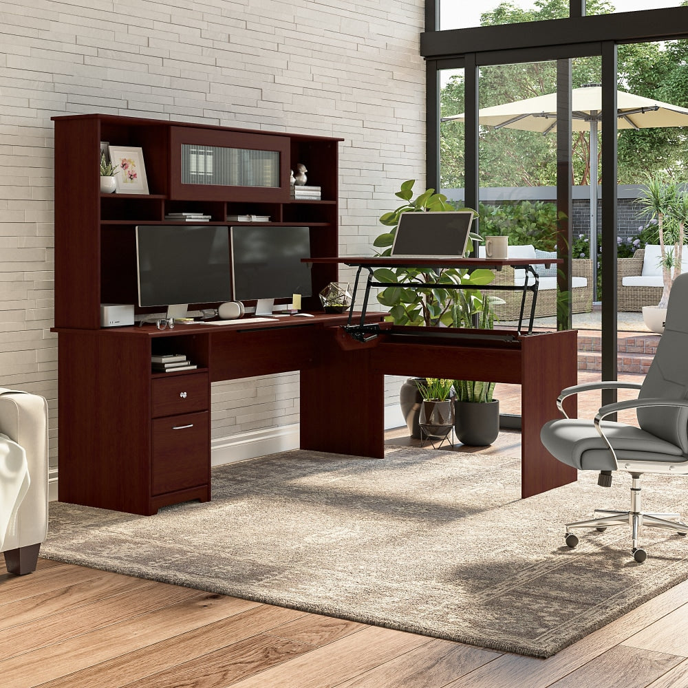 Bush Furniture Cabot 3 Position L Shaped Sit to Stand Desk with Hutch, 72inW, Harvest Cherry, Standard Delivery