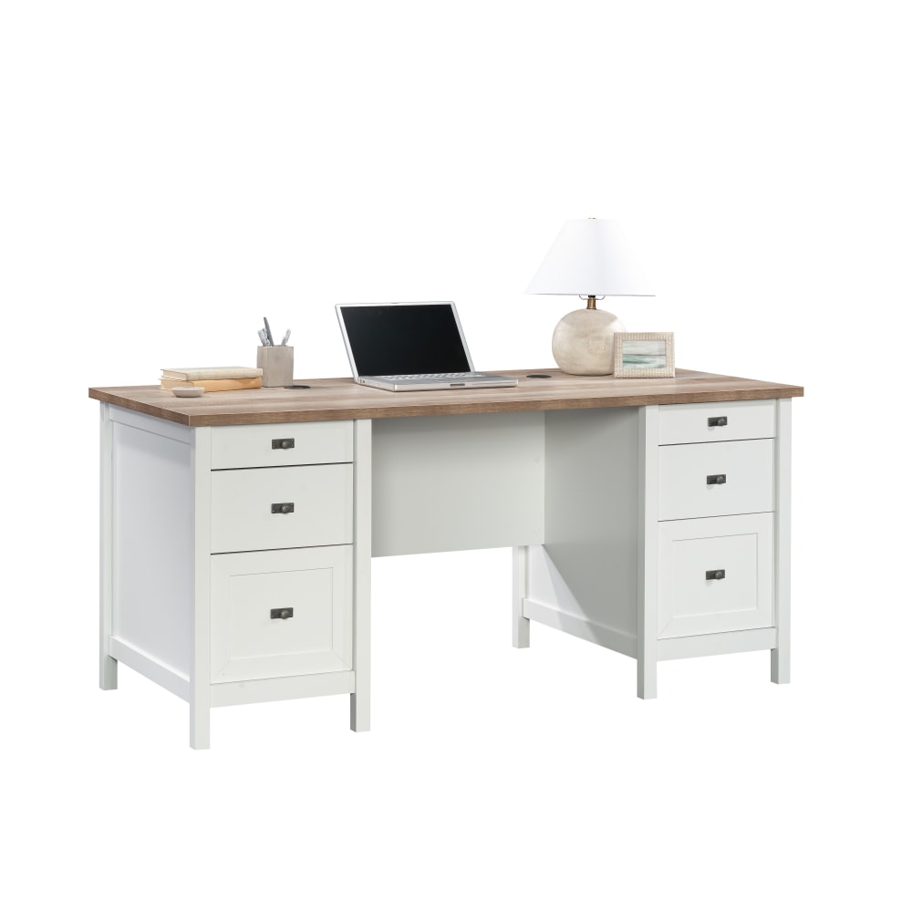 Sauder Cottage Road 66inW Executive Double-Pedestal Computer Desk With Drawers, White/Lintel Oak