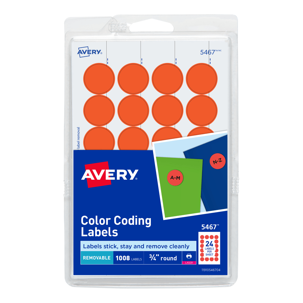 Avery Removable Color-Coding Labels, 5467, Round, 3/4in Diameter, Neon Red, Pack Of 1,008