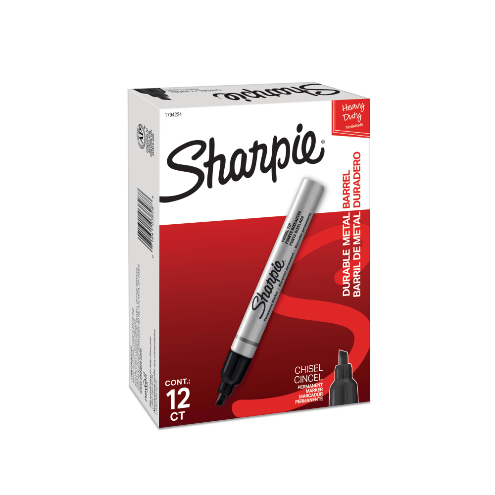 Sharpie Metal Barrel Chisel Permanent Markers, Black Ink, Pack Of 12 Markers