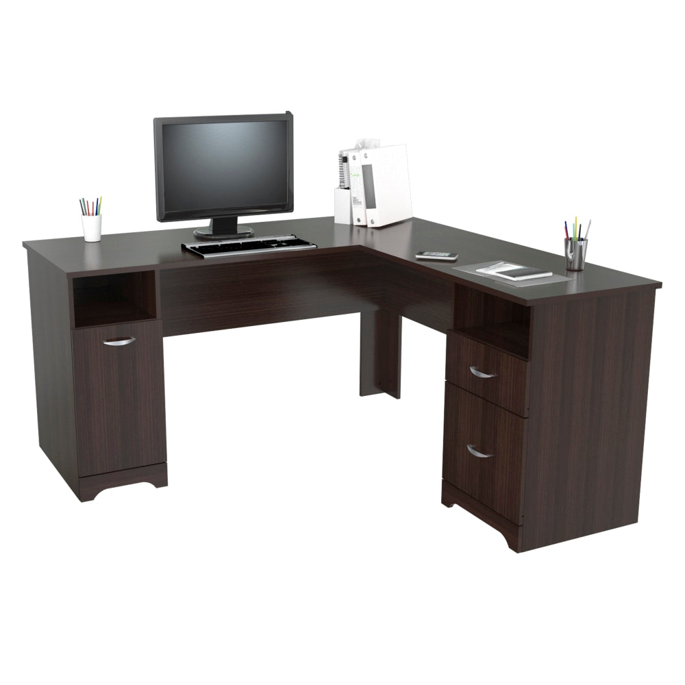 Inval 59inW L-Shaped 2-Drawer Corner Desk, Espresso