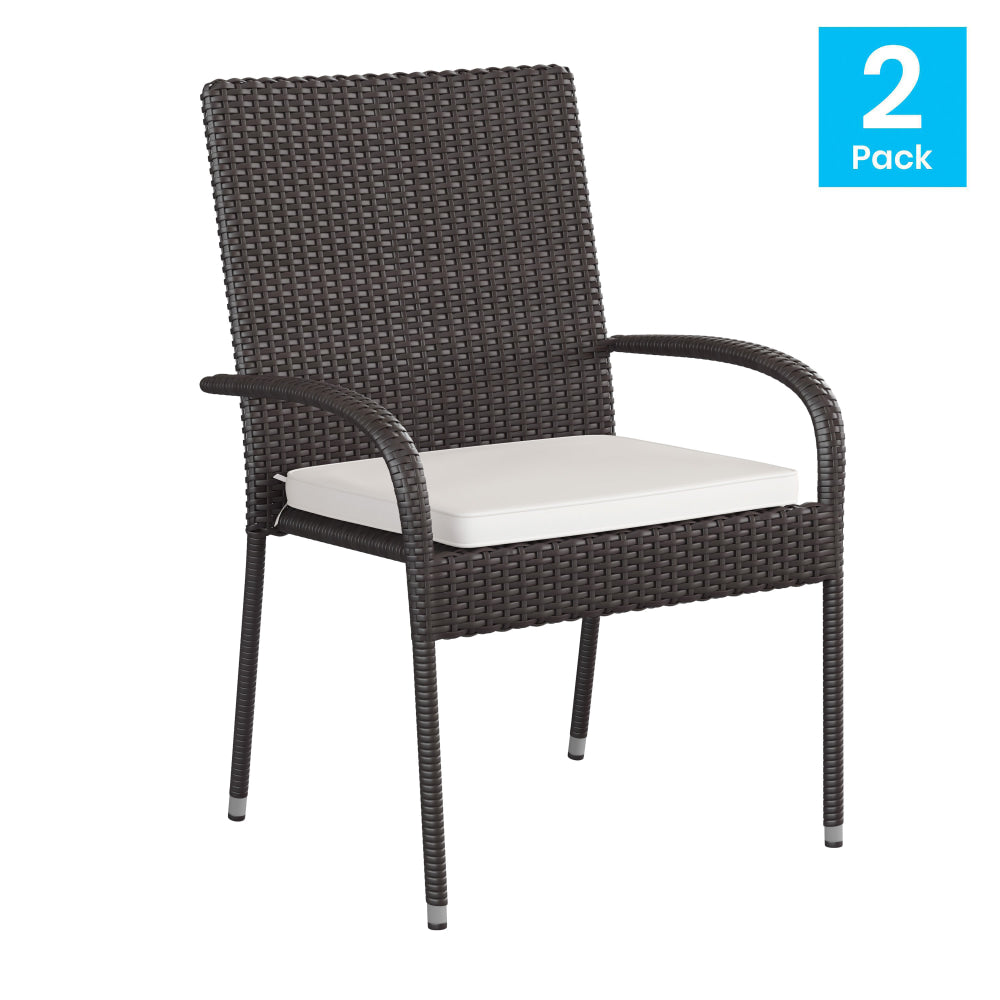 Flash Furniture Maxim Stackable Indoor/Outdoor Wicker Dining Chairs With Tie-On Padded Seat Cushions, Cream/Espresso, Set Of 4 Chairs