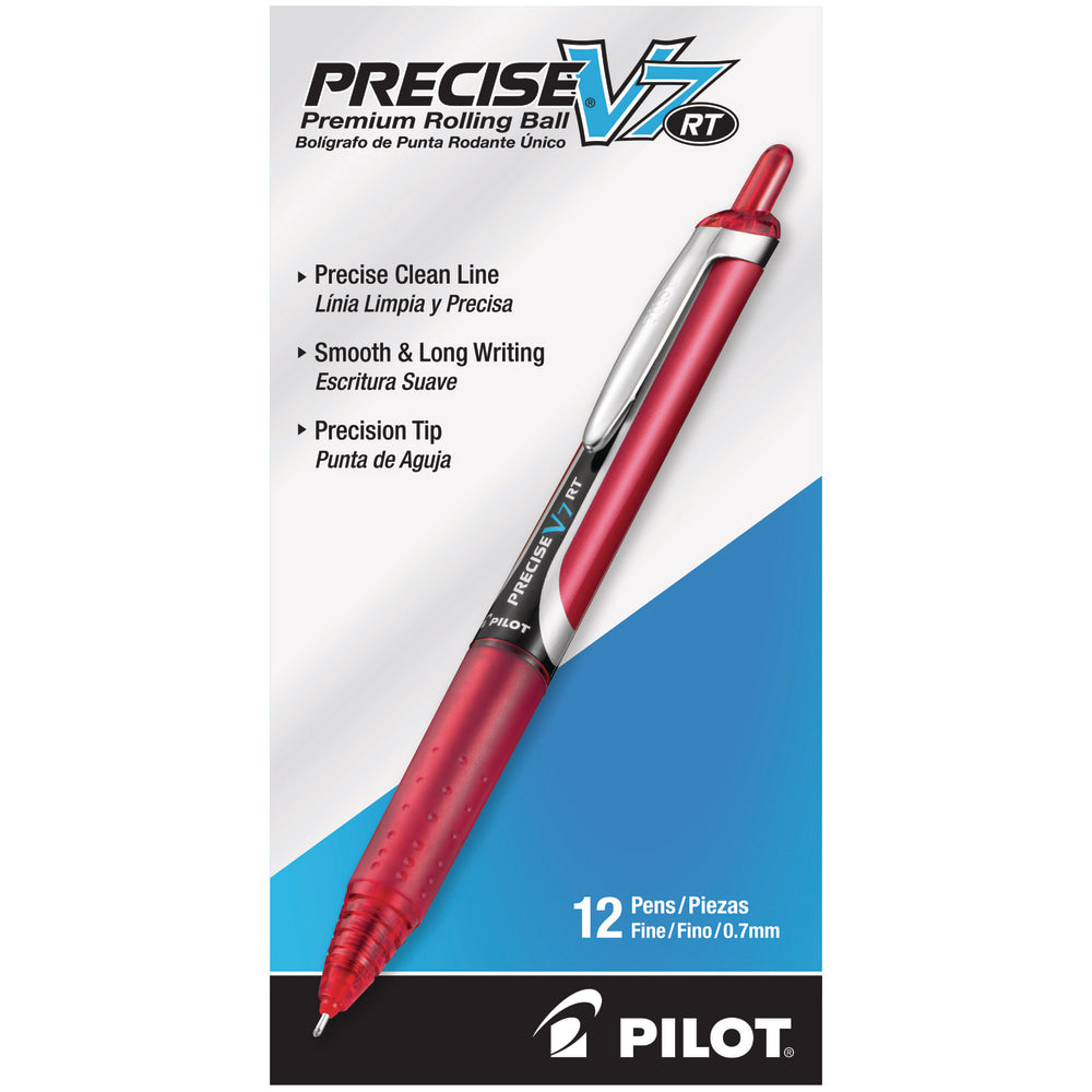 Pilot Precise V7 Liquid Ink Retractable Rollerball Pens, Fine Point, 0.7 mm, Assorted Barrel Colors, Red Ink, Pack Of 12 Pens