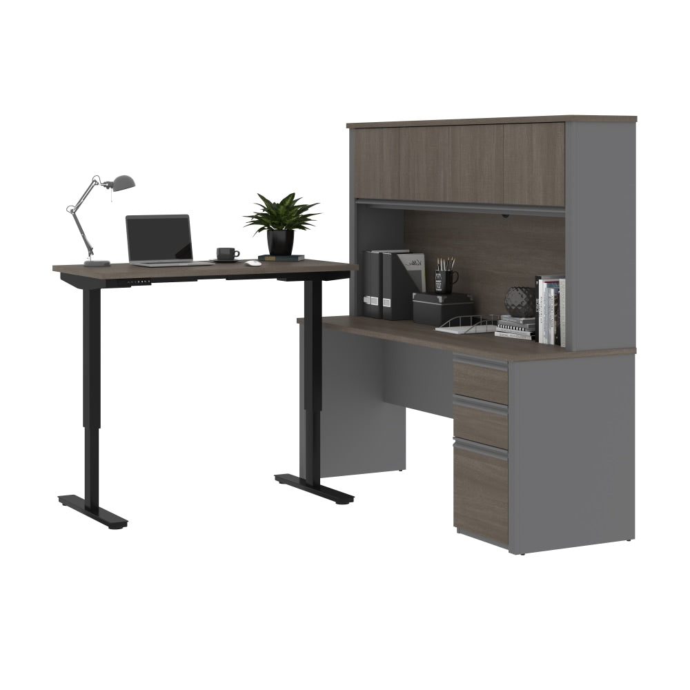 Bestar Prestige + 72inW L-Shaped Standing Corner Desk With Pedestal And Hutch, Bark Gray/Slate