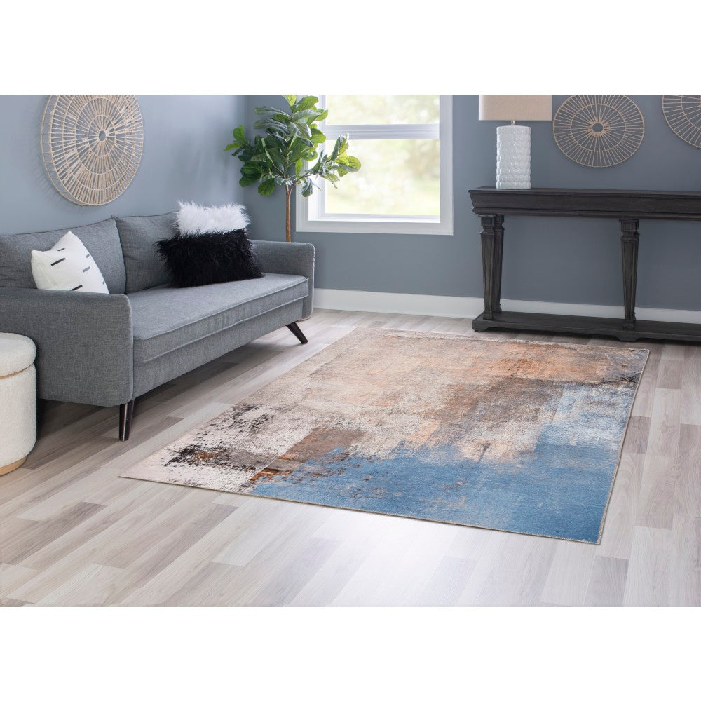 Linon Washable Area Rug, 5ft x 7ft, Durand Beige/Blue