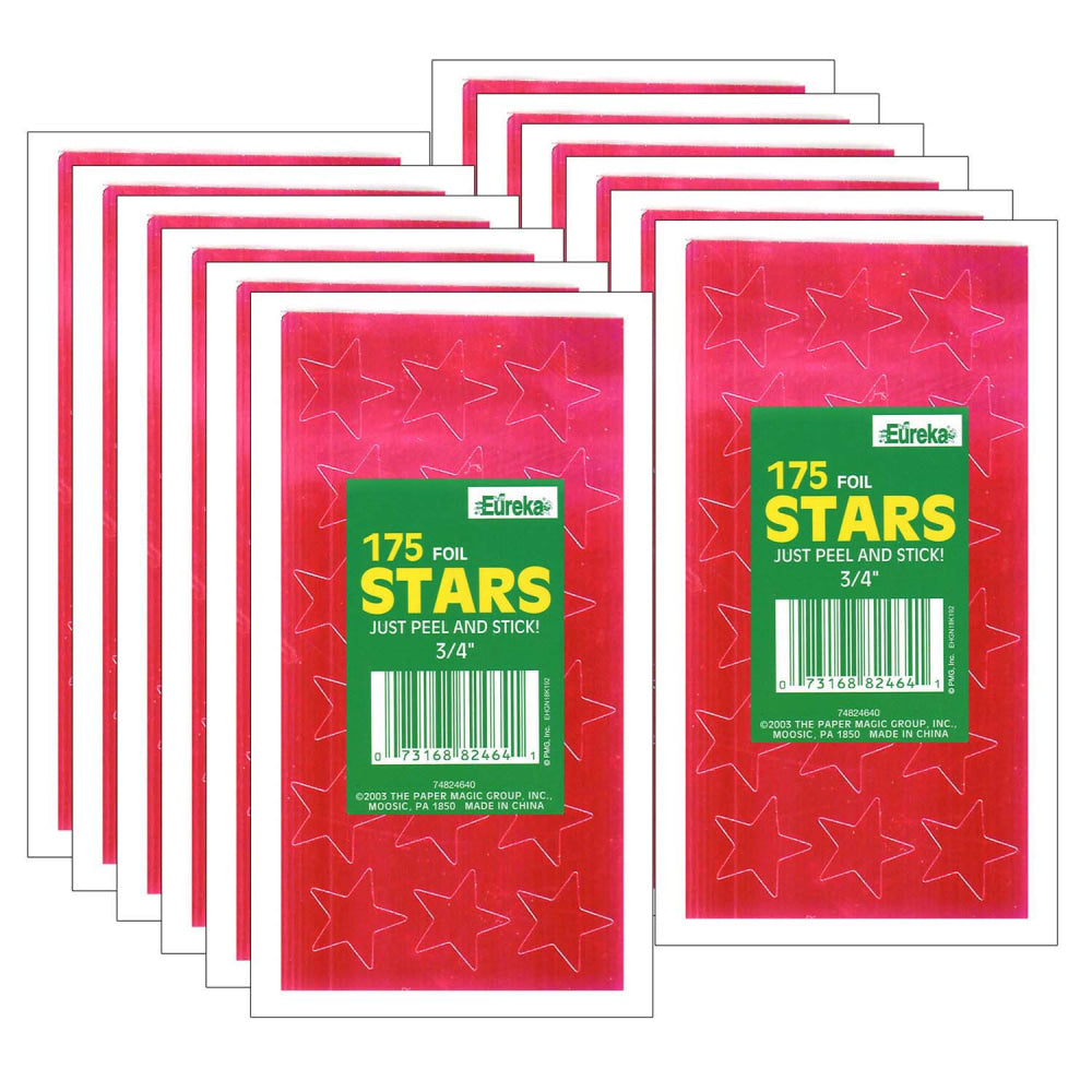 Eureka Presto-Stick Foil Star Stickers, 3/4in, Red, 175 Stickers Per Pack, Set Of 12 Packs