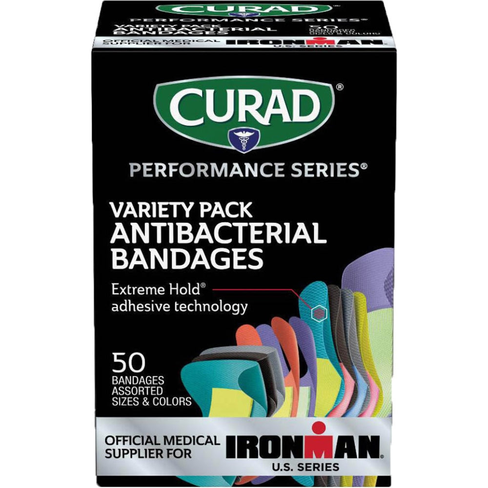 CURAD Performance Series Extreme Hold Antibacterial Adhesive Bandages Variety Pack, Assorted Sizes, Assorted Colors, 50 Bandages Per Box, Case Of 24 Boxes