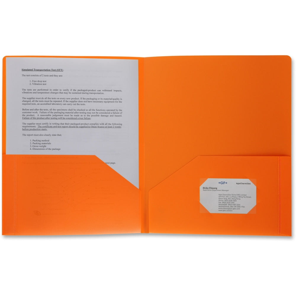 Business Source 2-pocket Poly Portfolio - Letter - 8 1/2in x 11in Sheet Size - 30 Sheet Capacity - 2 Pocket(s) - Poly - Orange - 1 Each