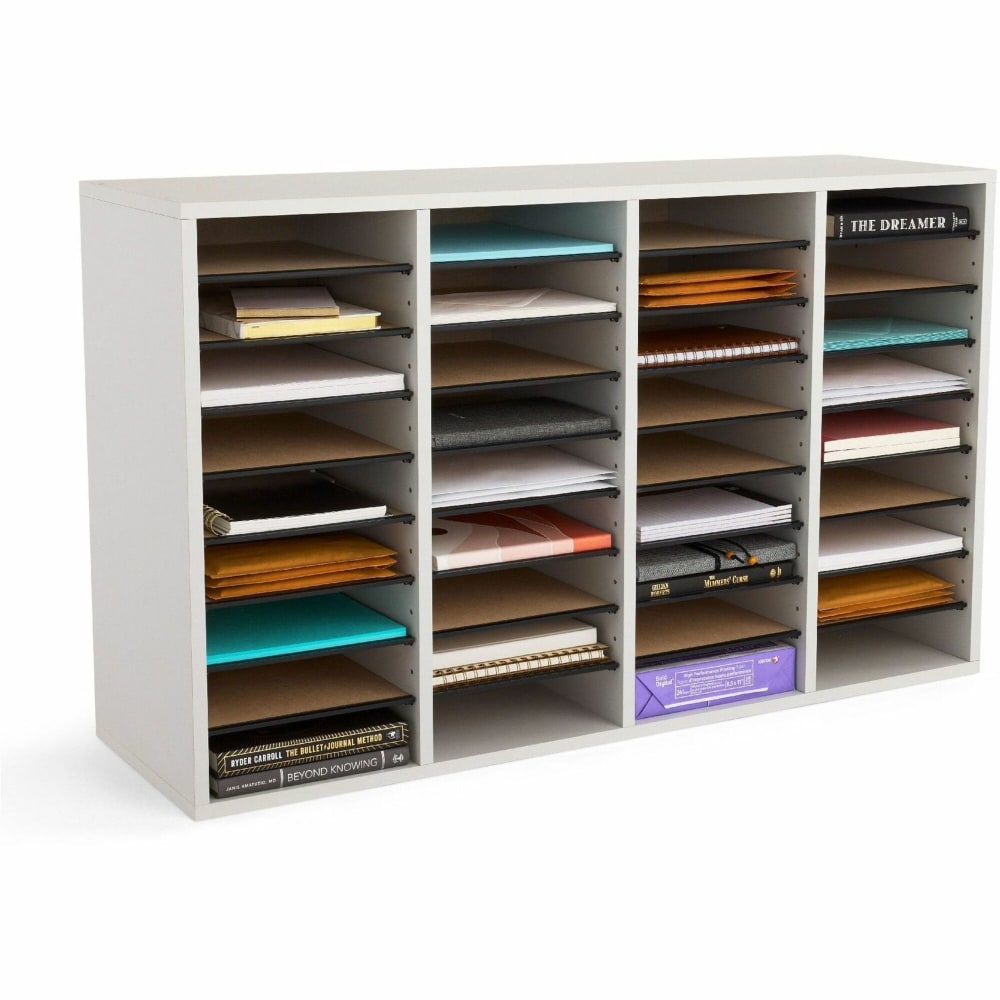 Safco Adjustable Wood Literature Organizer, 24inH x 39-3/8inW x 11-3/4inD, 36 Compartments, Gray