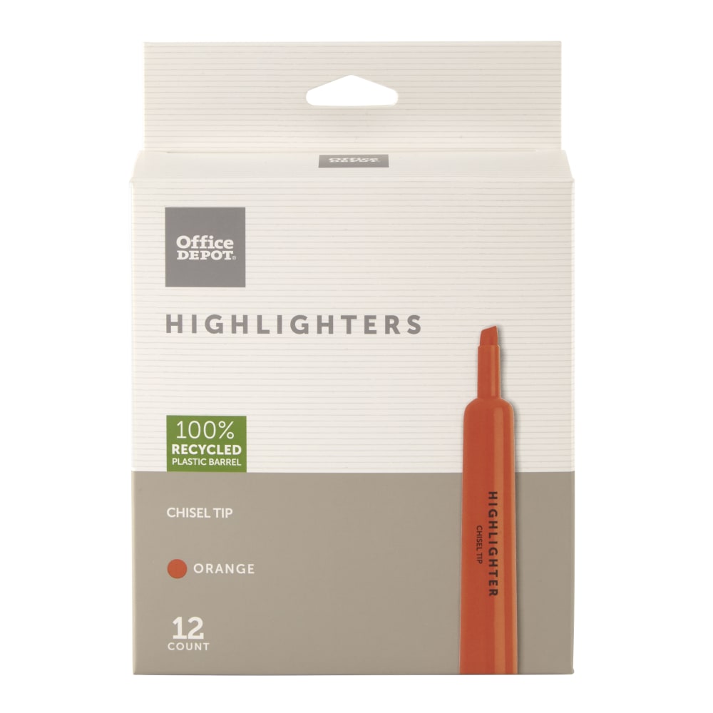 Office Depot Brand Chisel-Tip Highlighter, 100% Recycled Plastic Barrel, Fluorescent Orange, Pack Of 12