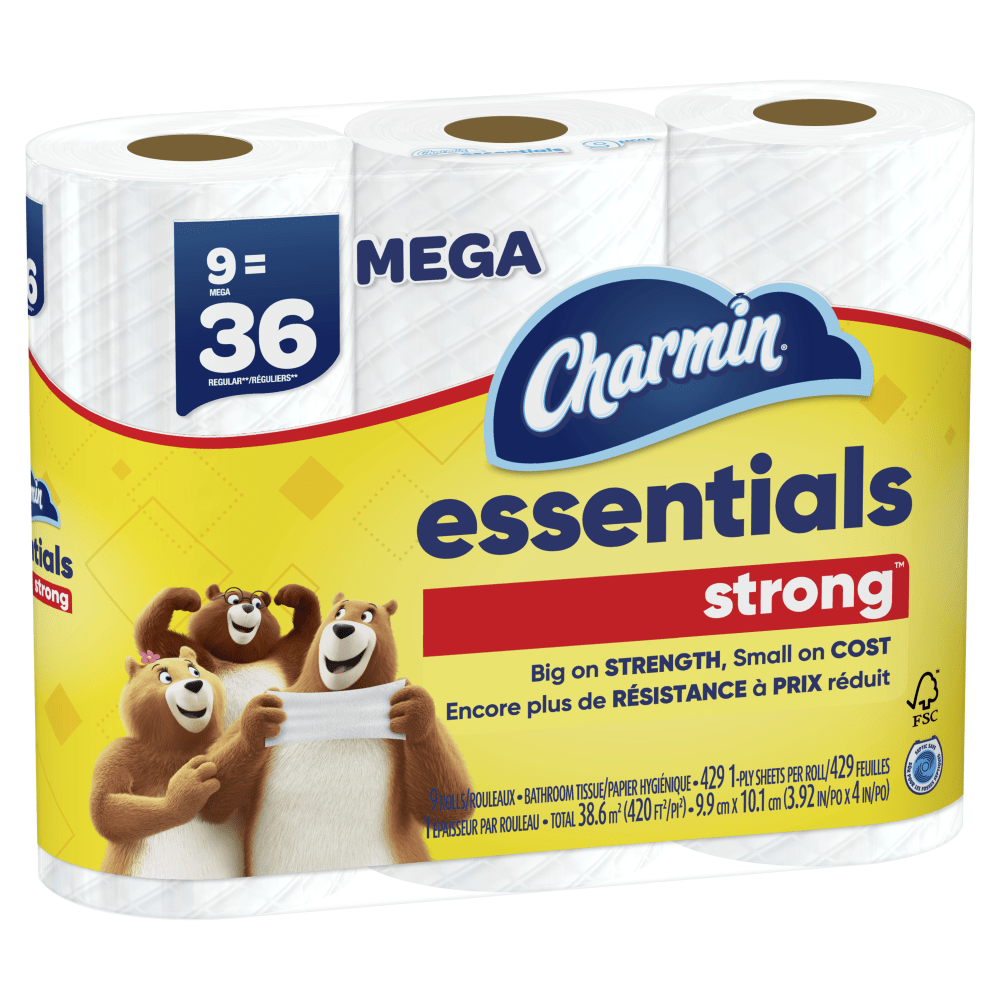 Charmin Essentials Strong Mega 2-Ply Toilet Paper Rolls, 4in x 4-1/2in, White, 429 Sheets Per Roll, Pack Of 9 Rolls