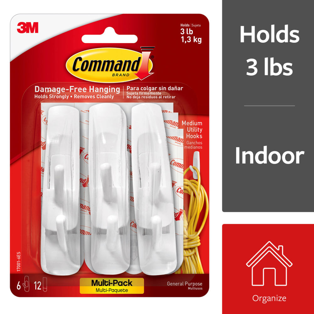 Command Medium Utility Plastic Hooks, 6-Command Hooks, 12-Command Strips, Damage-Free, White