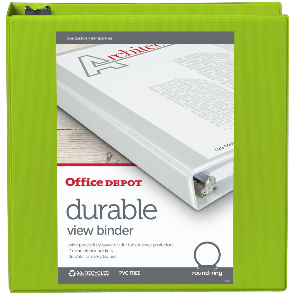 Office Depot Brand Durable View 3-Ring Binder, 2in Round Rings, Green