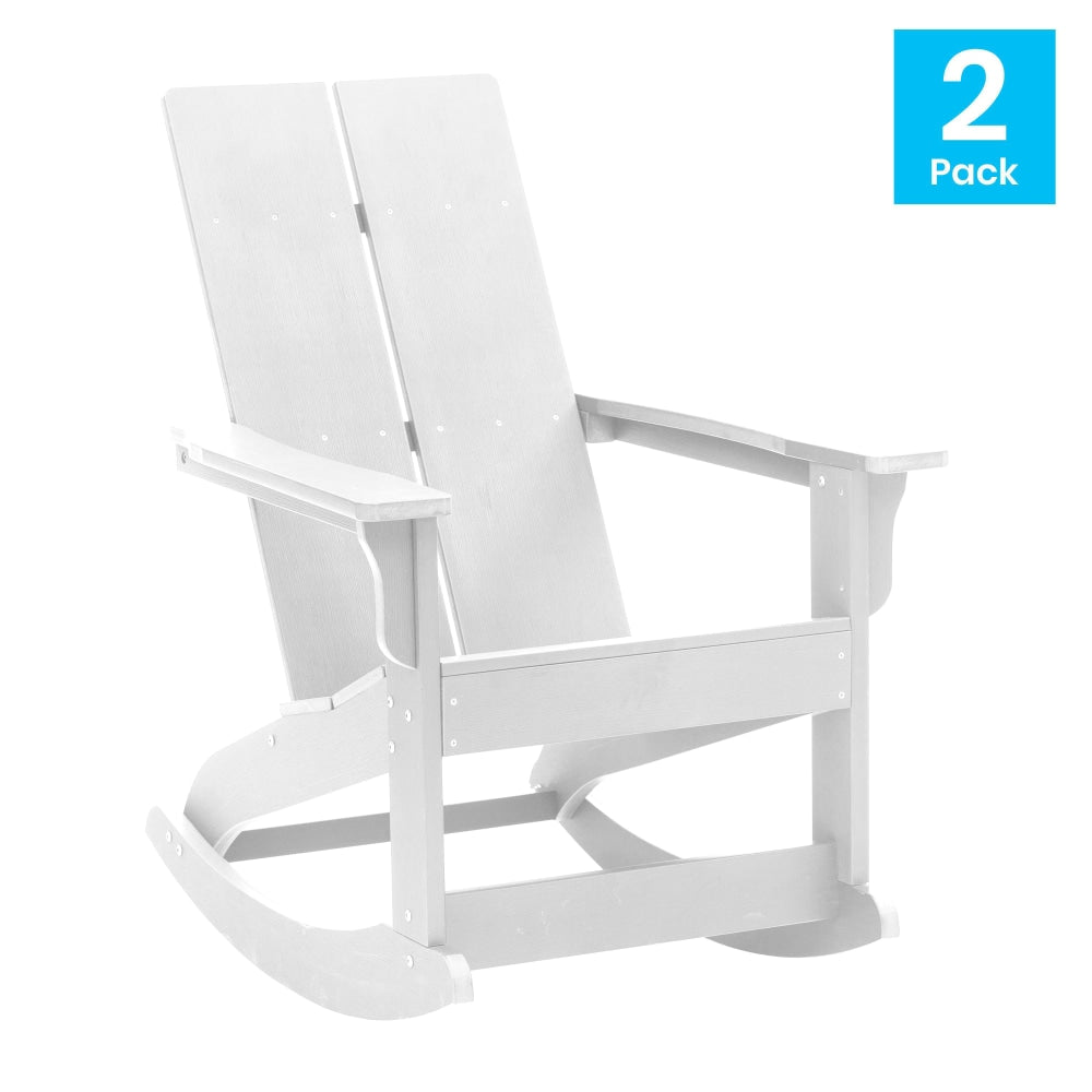 Flash Furniture Finn Modern Commercial Grade All-Weather 2-Slat Poly Resin Rocking Adirondack Chairs, White, Set Of 2 Chairs