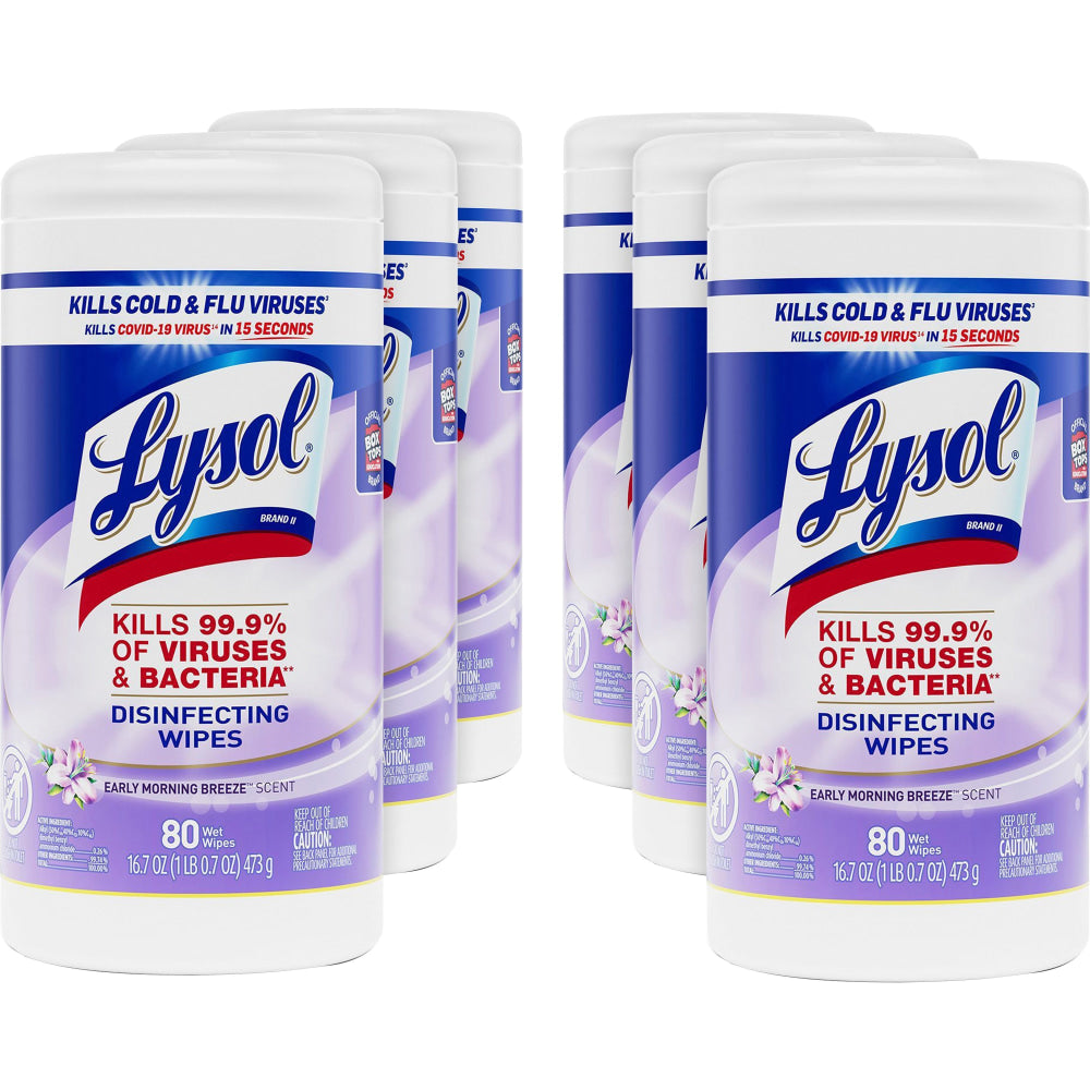 Lysol Disinfecting Wipes, Early Morning Breeze Scent, 80 Wipes Per Canister, Carton Of 6 Canisters