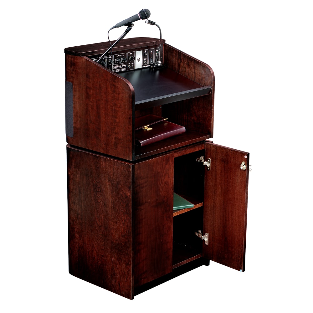 Oklahoma Sound Tabletop & Base Combo Sound Lectern With Tie Clip/Lavalier Wireless Microphone, Mahogany On Walnut